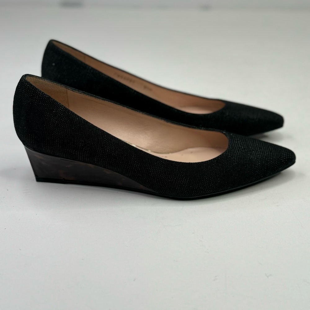 Stuart Weitzman black textured pointed toe wedges tortoise shell heel 8.5 - Picture 2 of 11